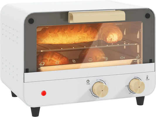 HOMCOM Forno elétrico 31.5x27.7x22.7cm, 12 L, temporizador, grelha, compacto, 2 zonas de temperatura, aço inoxidável, branco, mini forno com temporizador, vidro e