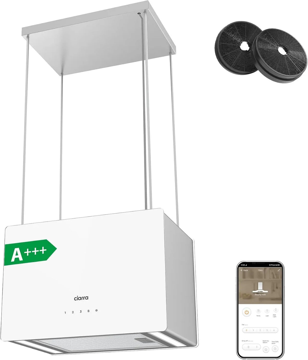 CIARRA CBCS4850 CBCF003 exaustor, 48 cm, 700 m3/h, classe energética A, capa de cozinha, Boost, toque, Wi-Fi, LED Dimável, exaustor suspenso