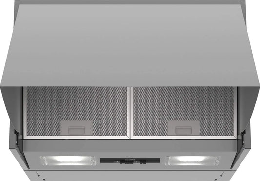SIEMENS iQ100 LE66MAC00 exaustor, 60 cm, capa de cozinha, iluminação LED, prata, filtro de gordura de metal, interruptor de botão de pressão