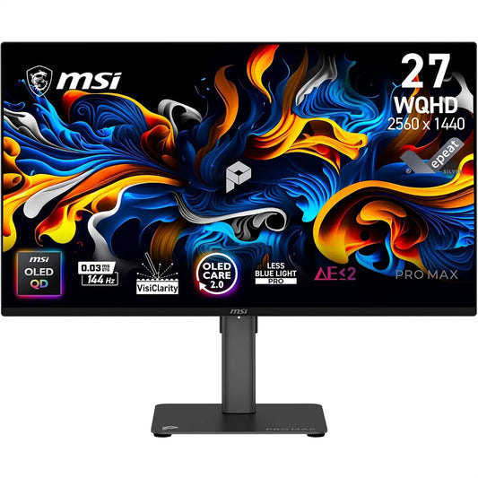 MSI Dalle QD-OLED 2560x1440, Pro Max Professional Screen 27' WQHD, 144 Hz, 03ms 271QPx14G, DisplayPort, G-SYNC e AMD FreeSyncTM compatível, HDMI
