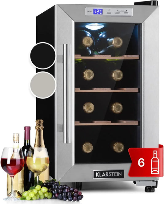KLARSTEIN adega elétrica, 6 garrafas, 11 a 18 °C, toque, Frigorífico Bar, proteção UV, Frigorífico Vinho em Pés com Porta