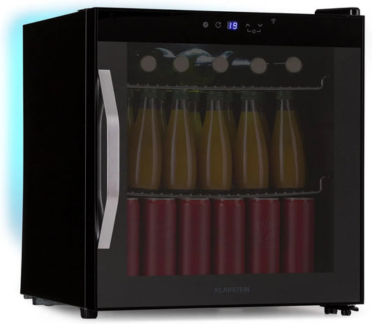 KLARSTEIN Frigorífico, 47 L, 5 a 18 °C, toque, Wi-Fi, iluminação LED, vidro, preto, 2 prateleiras, KLARSTEIN Coachella 50 Onyx Frigorífico