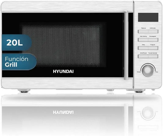 HYUNDAI Microondas, 20 L, 700 W, 8 programas, temporizador, grelha, descongelamento, aço inoxidável