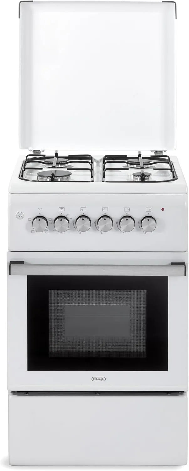 De'Longhi DL554EW2 Fogão a gás com forno elétrico, 50 cm, 52 L, 4 lareiras, classe E-energia, grelhador, 4 zonas, 52 litros, cor branca
