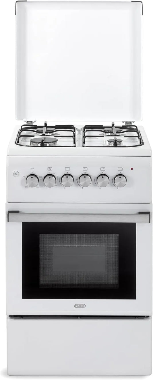 De'Longhi DL554EW2 Fogão a gás com forno elétrico, 50 cm, 52 L, 4 lareiras, classe E-energia, grelhador, 4 zonas, 52 litros, cor branca