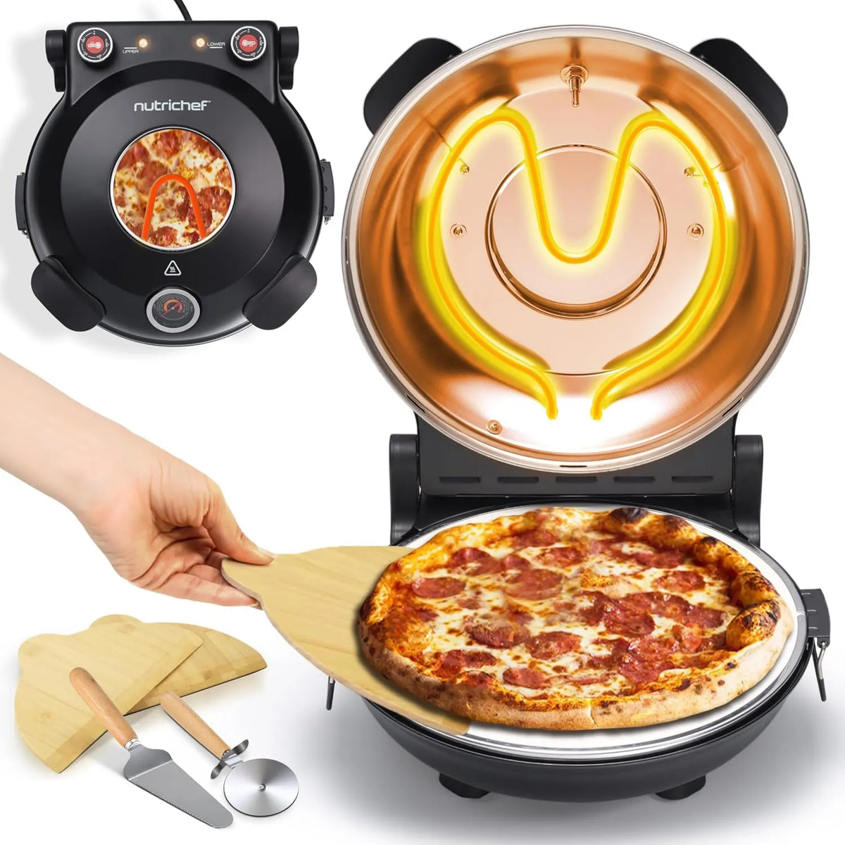 Forno de pizza elétrica, 30 cm, termostato, preto, aquecedor até 425°C, forno de pizza elétrica NutriChef, Cozinha rápida, Janela de cozinha
