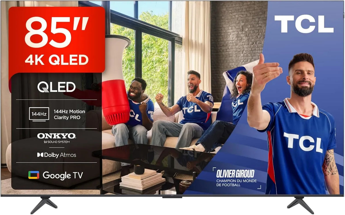 TCL Google 85T8C Smart TV, 85 polegadas, 144 Hz, TV, 4K UHD, QLED, HDR, Dolby Vision & Atmos, 144Hz Motion Clarity Pro, Onkyo 2, 1 Som, FreeSync
