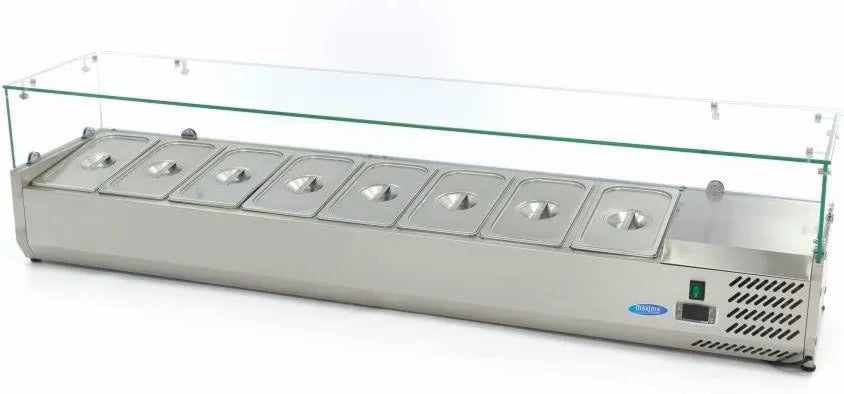 Vidro refrigerado, 180 cm, 8 recipientes GN 1, Maxima Vidro refrigerado para ser instalado largura 180 cm - 8 recipientes GN 1