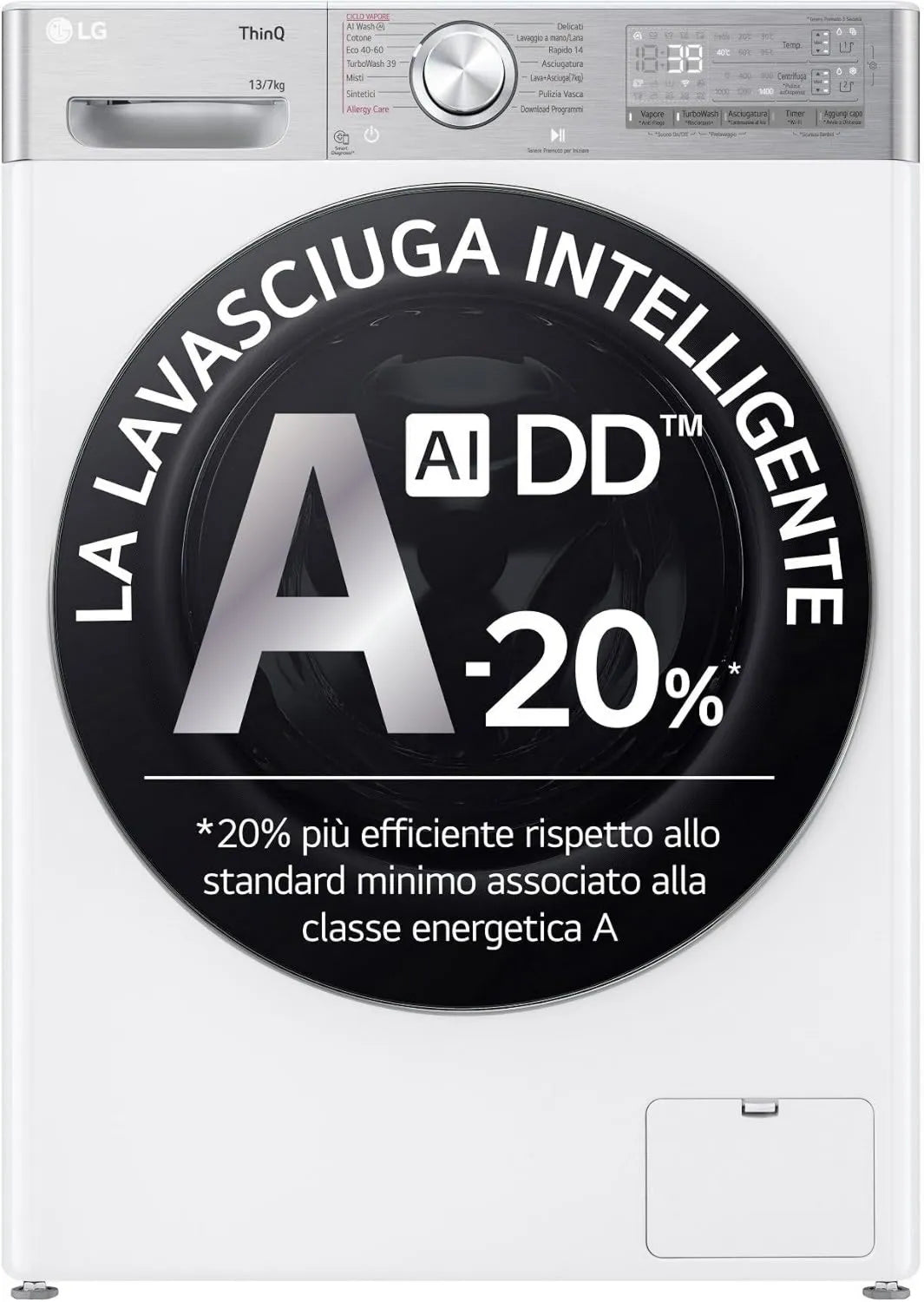 LG D4R9513TPWC Máquina de lavar roupa, 7 kg, classe energética D, Wi-Fi, vapor, branco, AI DD Washer 13, 1400 voltas, R9 série TurboWash 360, secador