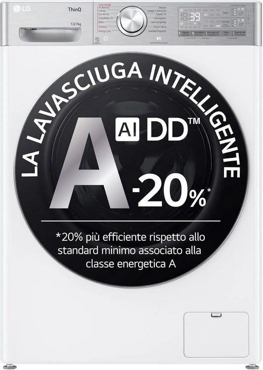 LG D4R9513TPWC Máquina de lavar roupa, 7 kg, classe energética D, Wi-Fi, vapor, branco, AI DD Washer 13, 1400 voltas, R9 série TurboWash 360, secador
