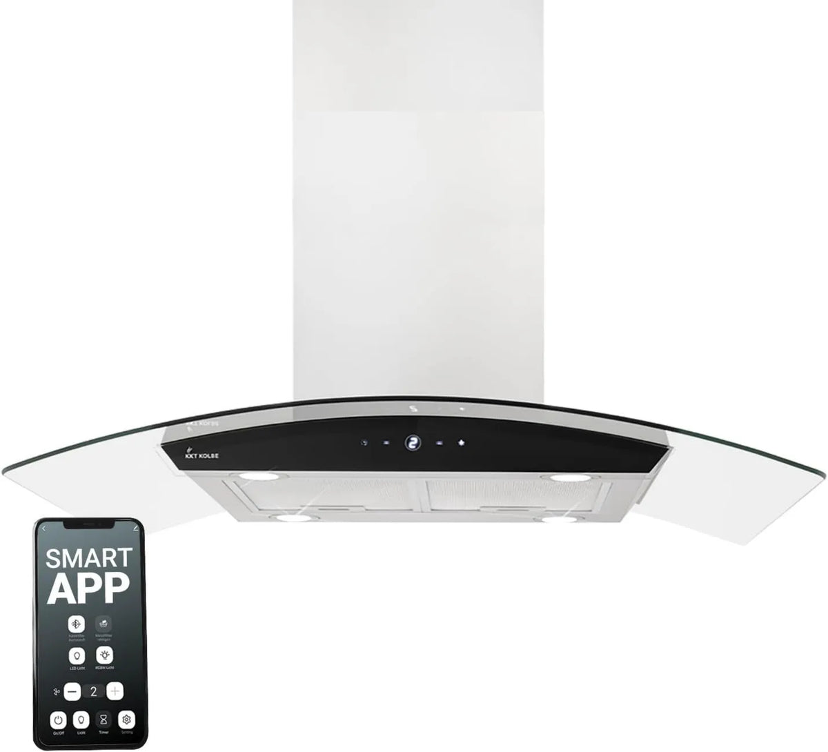 KKT KOLBE exaustor, 90 cm, capa de cozinha, toque, Wi-Fi, aço inoxidável, preto, SINS-INSEL-HC, WiFi, Îlot exaustor, vidro preto, parar automaticamente