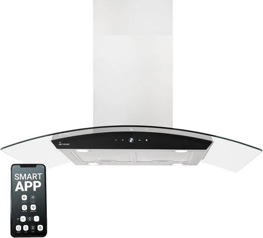 KKT KOLBE exaustor, 90 cm, capa de cozinha, toque, Wi-Fi, aço inoxidável, preto, SINS-INSEL-HC, WiFi, Îlot exaustor, vidro preto, parar automaticamente