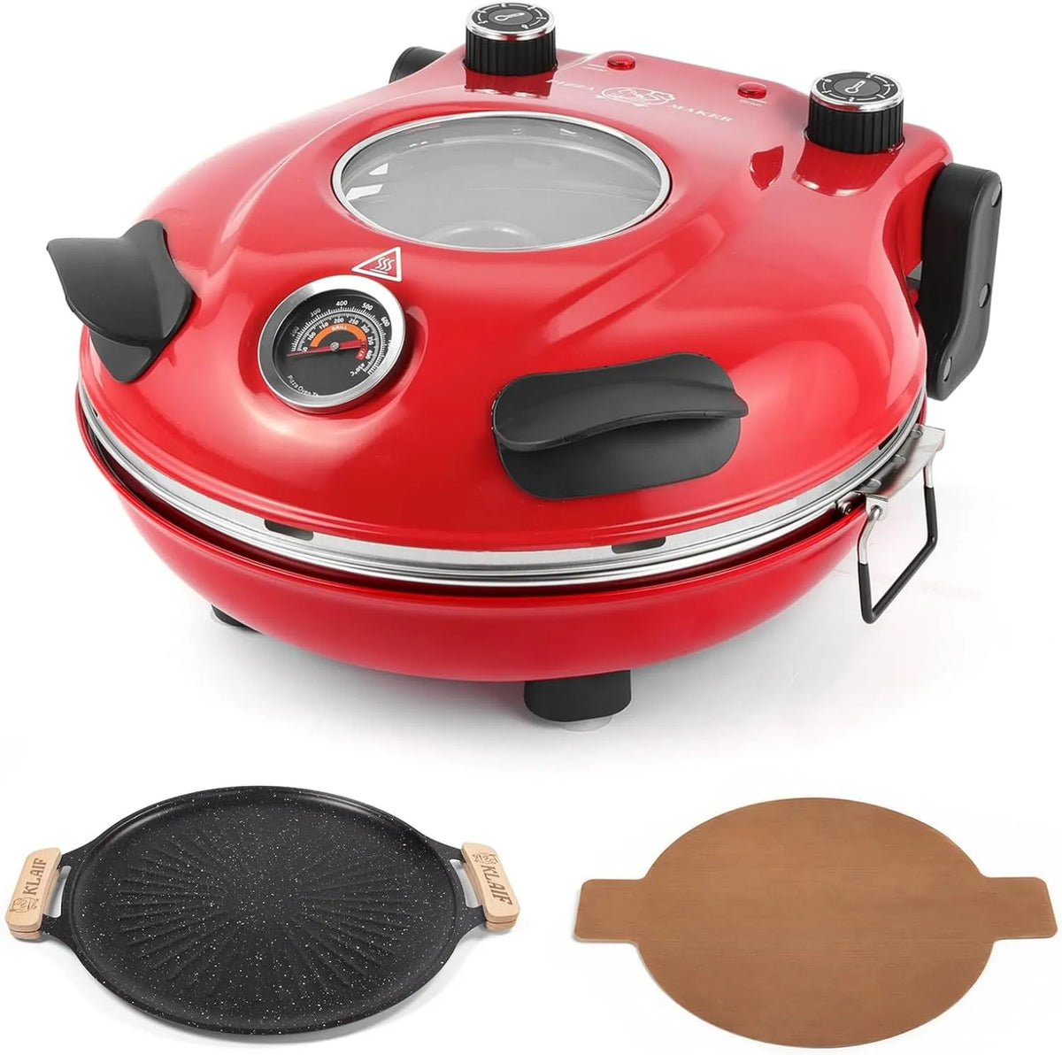 klaif Forno de pizza elétrica, 30, 5 cm, 1200 W, grelha, interior cerâmico, 2 zonas de temperatura, vermelho, 420 °C, MFSP, dois reguladores de temperatura