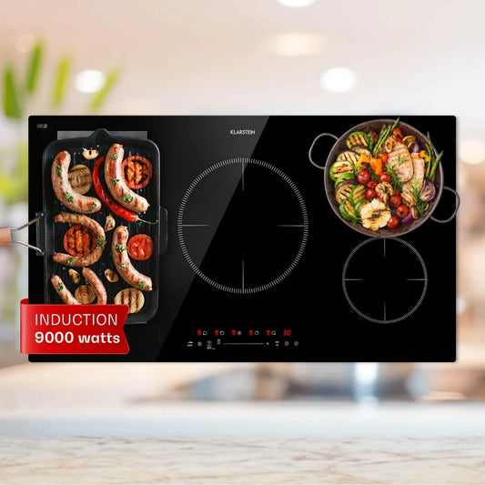 KLARSTEIN Placa de indução, 5 lareiras, 9000 W, mesa de cozinha de indução, toque, recessos, 5 recessos de lâmpada, fogão elétrico para eletricidade