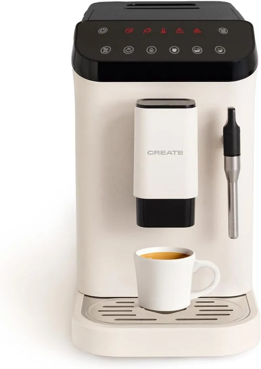 CREATE Cafeteira elétrica 180g, 5 L, 1350 W, toque, tanque grande, vapor, branco, braço a vapor, 20 bar, tanque de 1, 5L, bandeja de grãos de café de