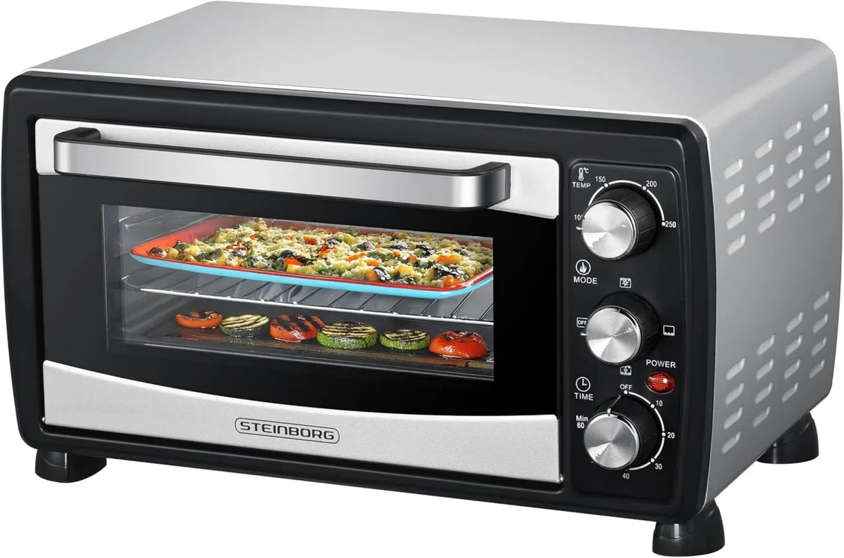 Forno elétrico, 20 L, 1400 W, temporizador, compacto, camping, Steinborg Mini forno de calor rotativo, placa de pick-up, função de calor abobada