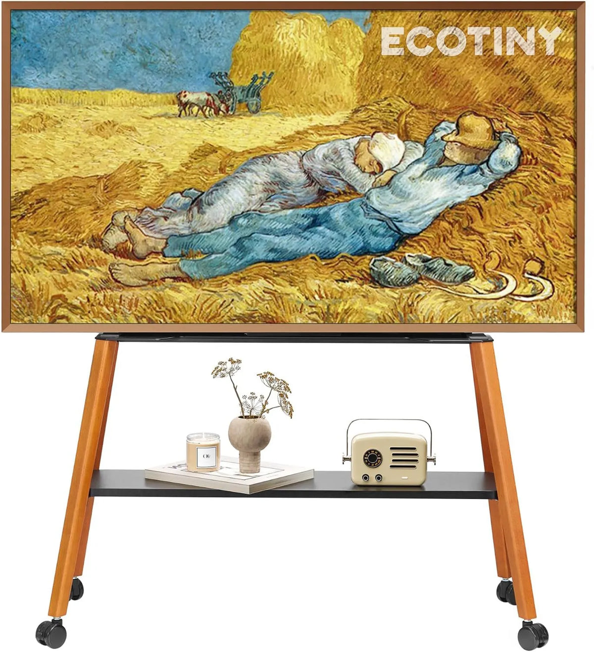 ECOTINY suporte de TV de 75 polegadas, rodízios móveis, design de cavalete com estrutura metálica e prateleira de madeira, suporte de TV móvel em rodízios para