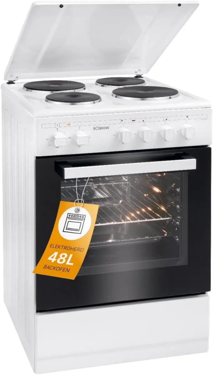 Bomann Cozinha com forno, 50 cm, 48 L, classe E de energia, branco, 4 lareiras com comandos, ignição manual, forno eléctrico