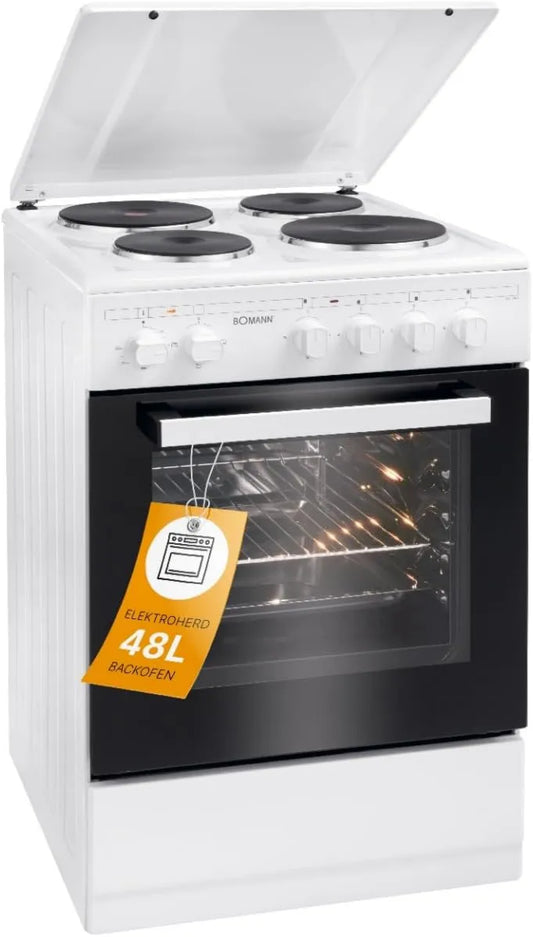 Bomann Cozinha com forno, 50 cm, 48 L, classe E de energia, branco, 4 lareiras com comandos, ignição manual, forno eléctrico