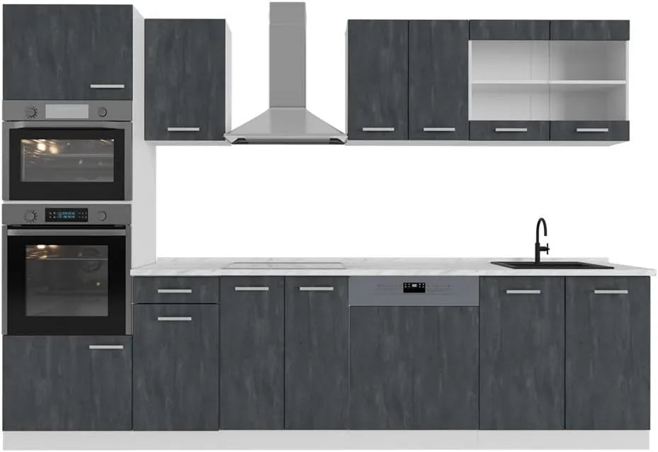 Microondas, 300cm, preto, 8 Módulos · Altura pés reguláveis · Sem worktop · fachadas robustas · Com armário de forno, Vicco Kitchen R-Line