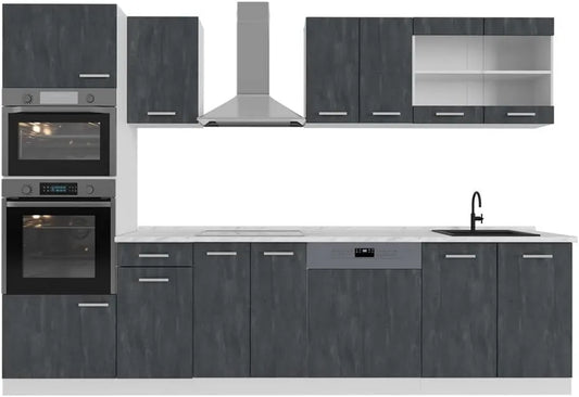 Microondas, 300cm, preto, 8 Módulos · Altura pés reguláveis · Sem worktop · fachadas robustas · Com armário de forno, Vicco Kitchen R-Line