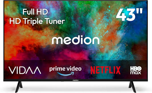 MEDION Smart TV, 43 polegadas, TV, sintonizador triplo DVB-T2, S2, Full HD, gravação PVR, MD 843102, HBO Max, Loja VIDAA, DAZN, Magenta TV, Vídeo Prime